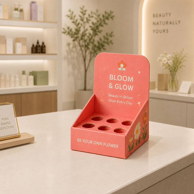 Beauty skincare product display box with round bottle holes.jpg
